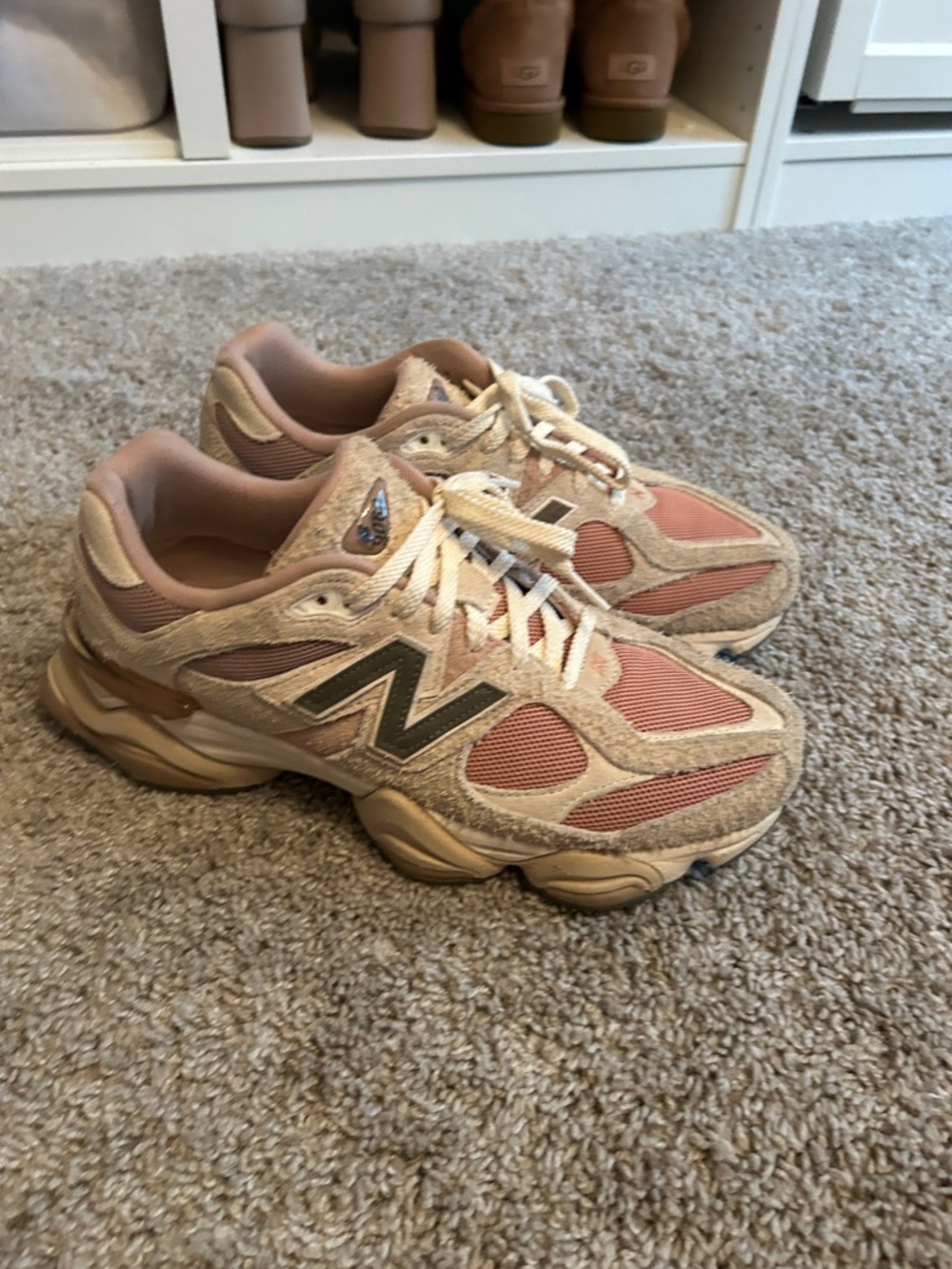 New Balance men Pink and Tan Mesh Suede Sneakers